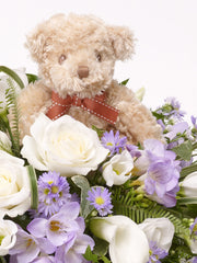 Children's Casket Spray with Teddy Bear Blue & Lilac